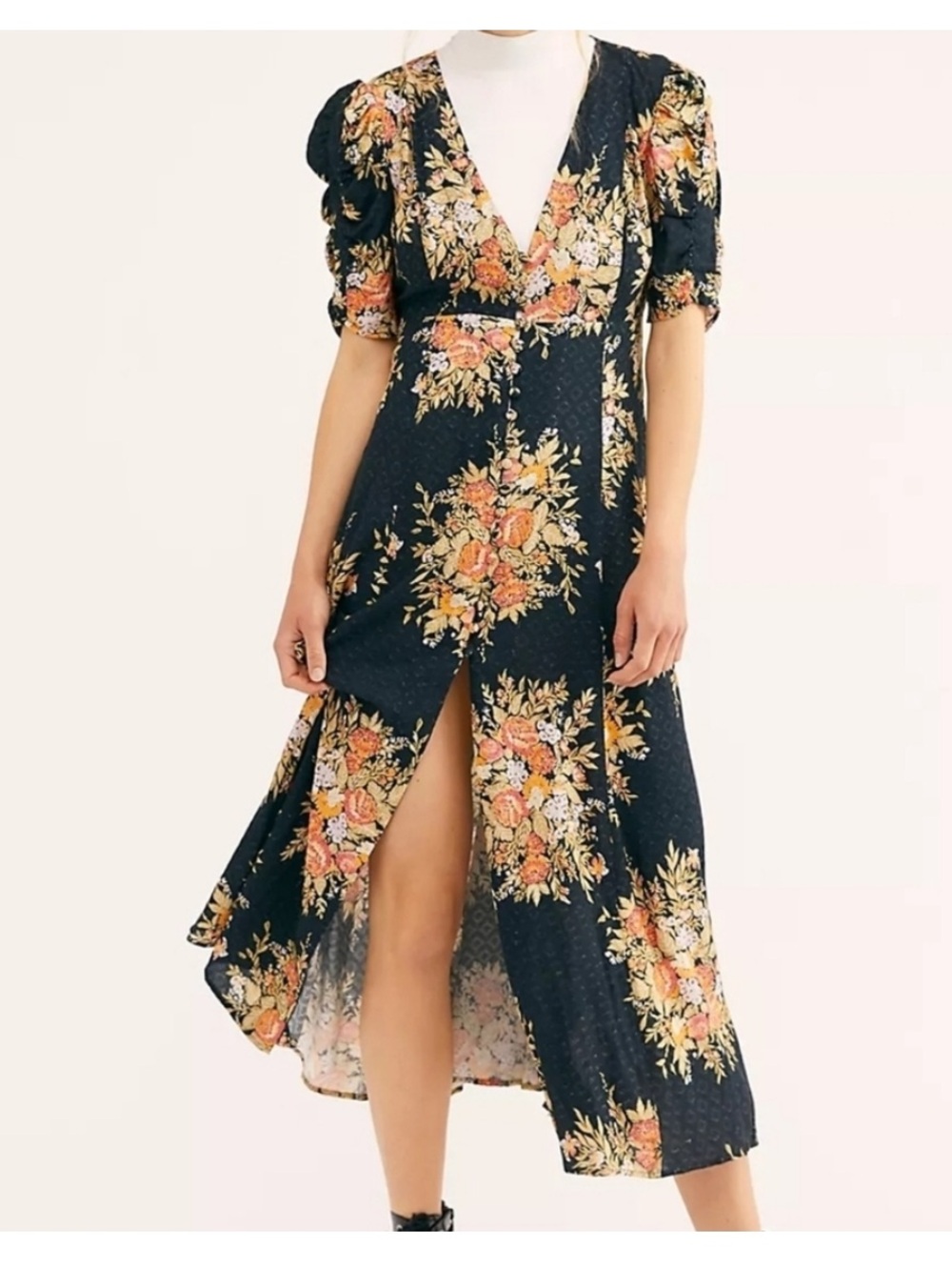 Free People Women’s Floral Midi Button Down Dress Size S Front Slit Puff Sleeves